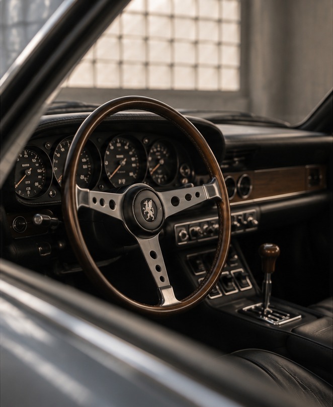 Blick in den Innenraum des ISO Grifo mit Holzlenkrad und Instrumenten